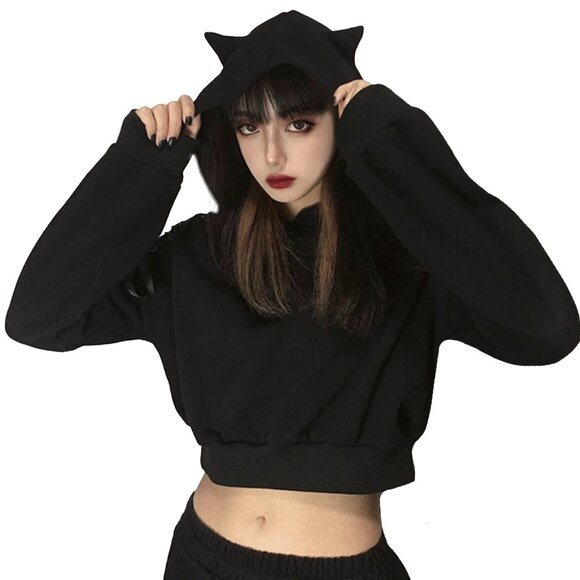 Cat Ear Hoodie Off Shoulder Crop Top Long Sleeve Pullover Sweatshirt ASIAN SIZE - Picture 1 of 16